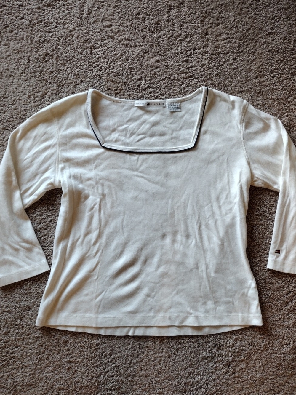 Tommy Hilfiger Off White Square Neck Long Sleeve Top with Contrast Trim